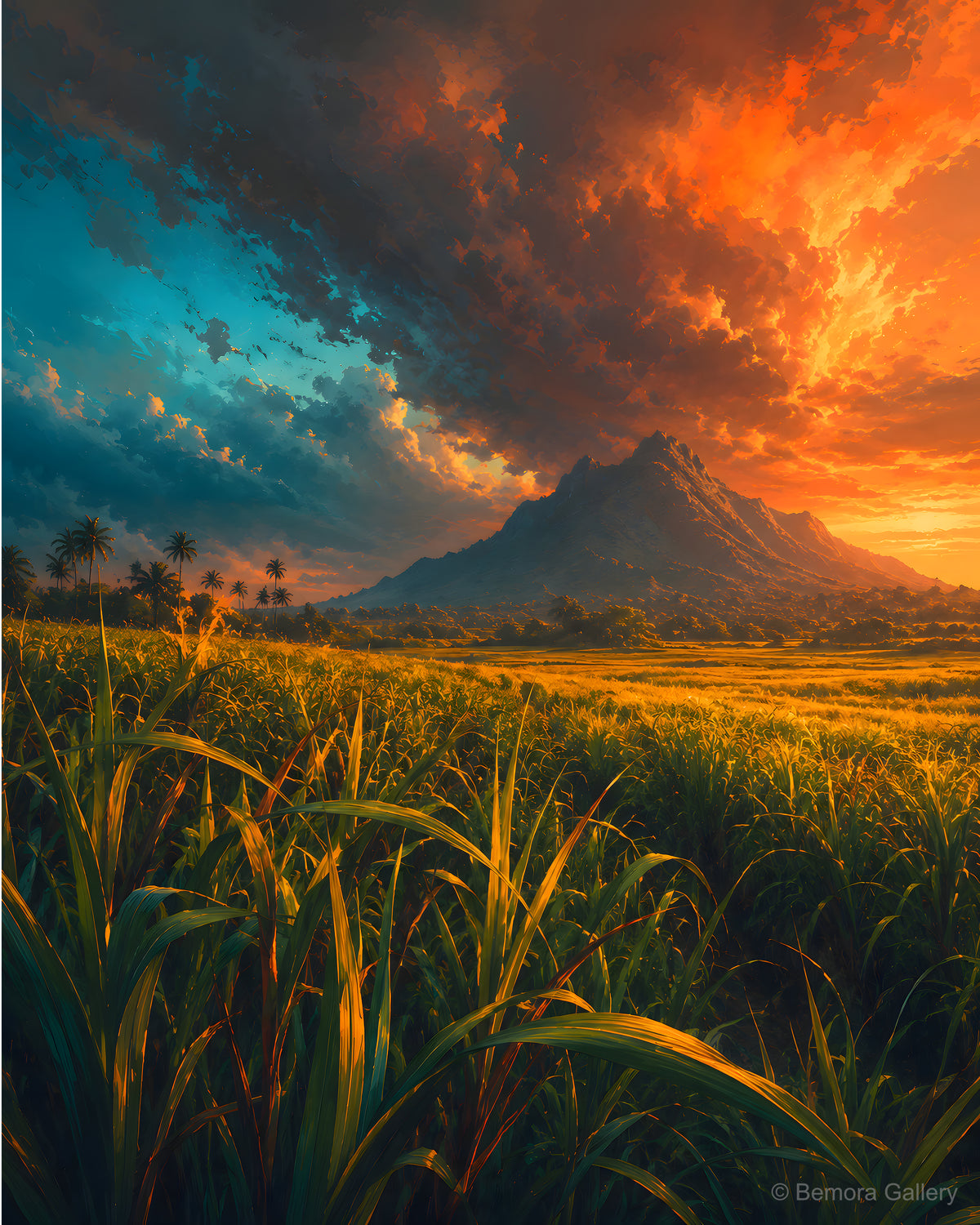 Sugarcane Stormlight — Mauritius landscape art print — tall green sugarcane under dramatic stormlight sky with golden rays