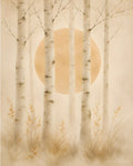 Ivory Birch Forest — Japandi wall art print — slender ivory birch trunks rising through soft mist, warm golden ground