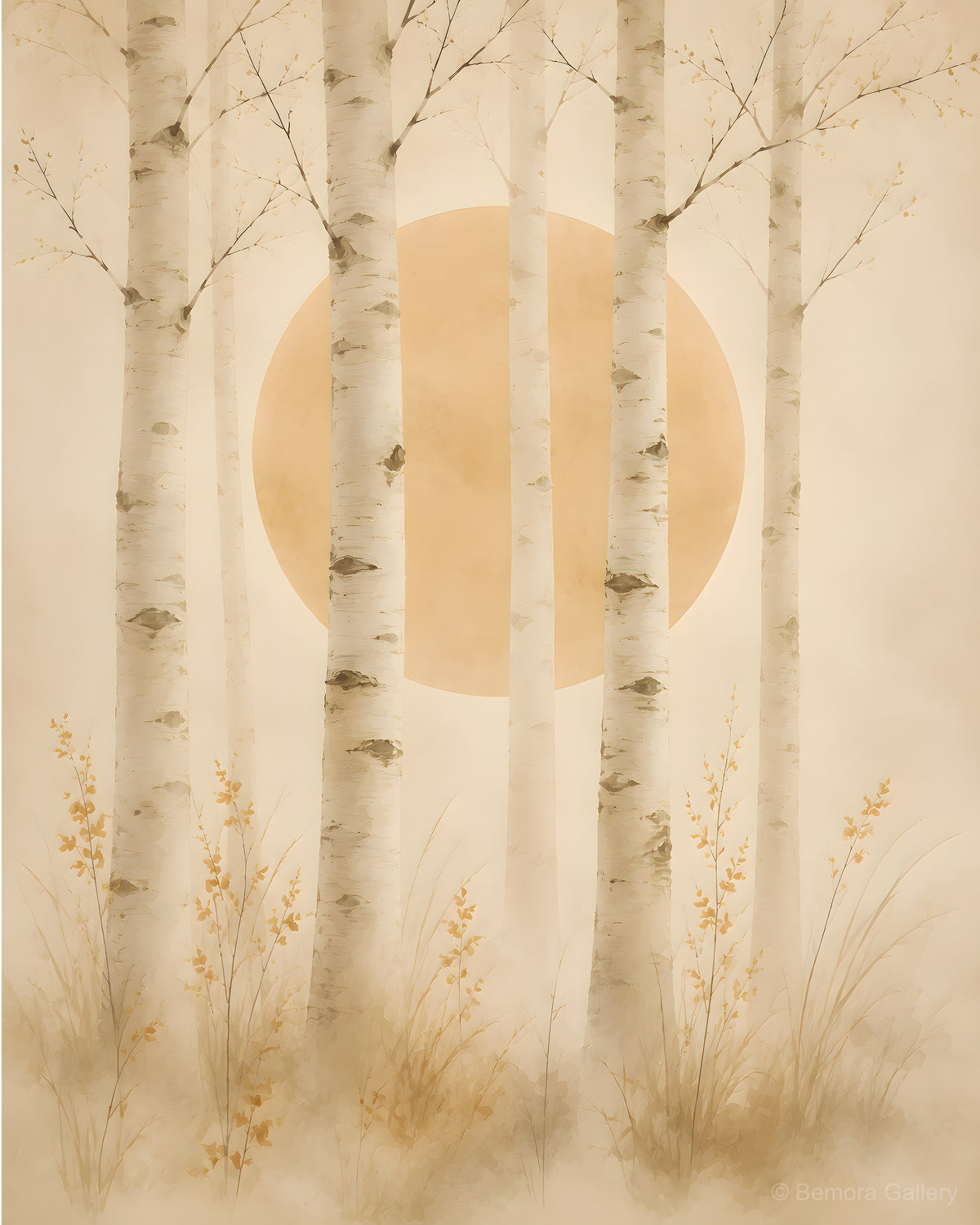 Ivory Birch Forest — Japandi wall art print — slender ivory birch trunks rising through soft mist, warm golden ground