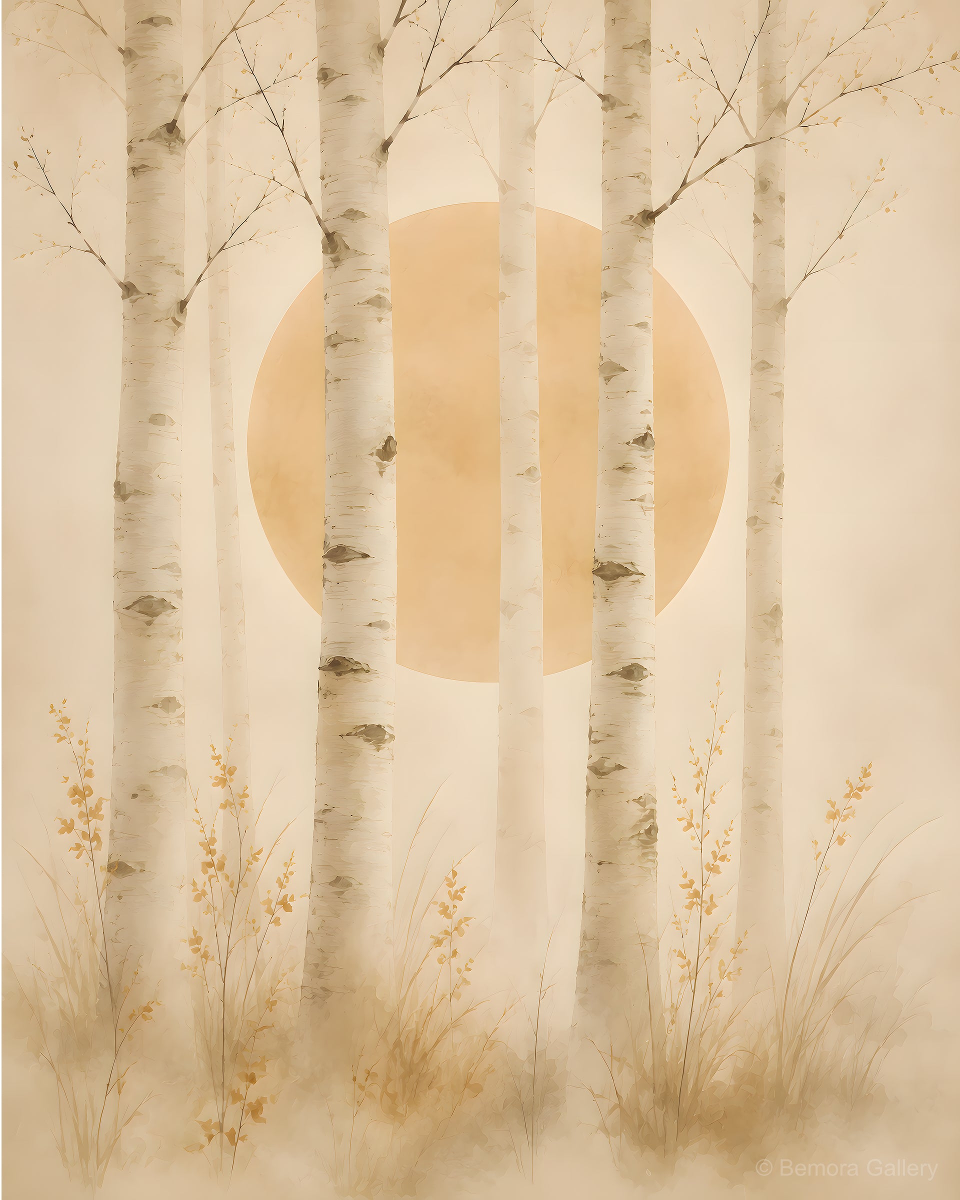 Ivory Birch Forest — Japandi wall art print — slender ivory birch trunks rising through soft mist, warm golden ground