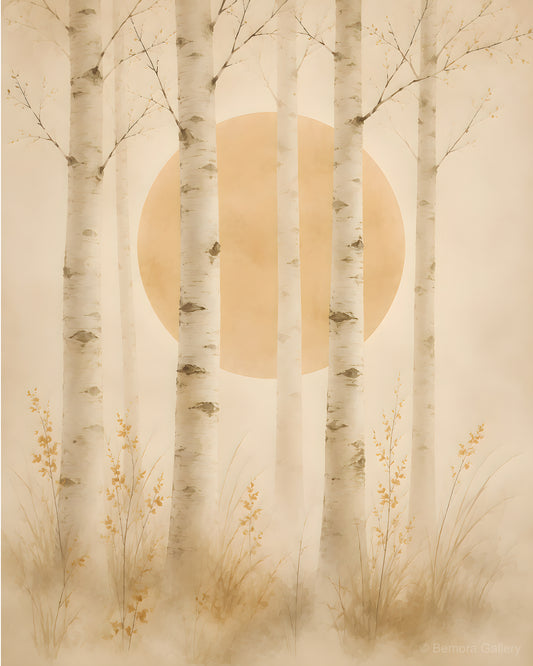 Ivory Birch Forest — Japandi wall art print — slender ivory birch trunks rising through soft mist, warm golden ground