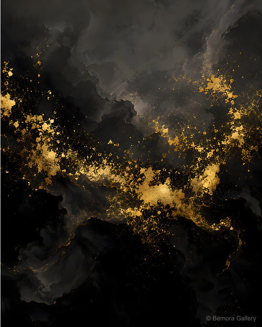 Obsidian Gold Drift wall art — final artwork — deep obsidian black, fluid gold drift, warm amber glow
