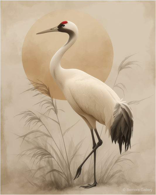 Ivory Crane Sun — Japandi wall art print — elegant ivory crane, warm sun disc, soft marsh grasses, ivory parchment ground