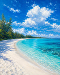 Belle Mare Lagoon Light wall art — final artwork — white coral sand, electric turquoise lagoon, casuarina tree line and dramatic cumulus sky