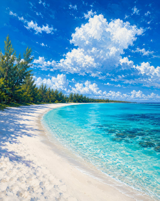 Belle Mare Lagoon Light wall art — final artwork — white coral sand, electric turquoise lagoon, casuarina tree line and dramatic cumulus sky