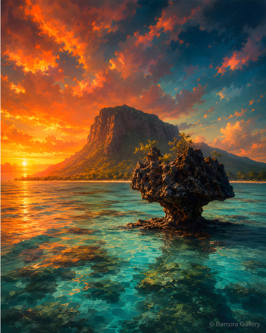 Crystal Rock Lagoon — Mauritius coastal art print — Crystal Rock rising from clear turquoise lagoon, Le Morne beyond, copper amber sunset