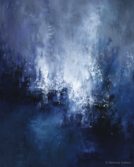Midnight Silver Veil wall art — final artwork — deep midnight navy, cool silver-white, near-black