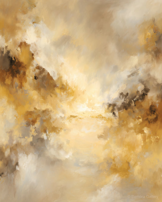 Dune Gold Veil wall art — final artwork — warm sand, ivory, and champagne glow atmospheric painting
