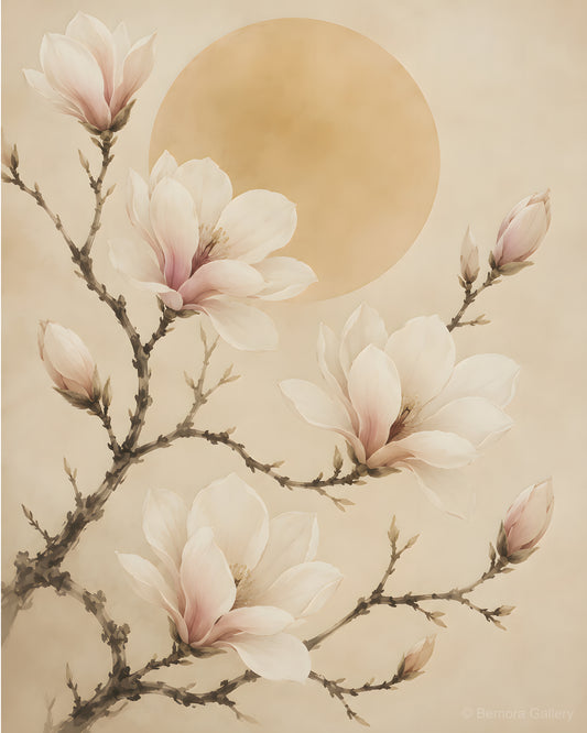 Ivory Magnolia Branch — Japandi wall art print — magnolia blooms on dark ink-wash branches, golden sun disc, ivory ground