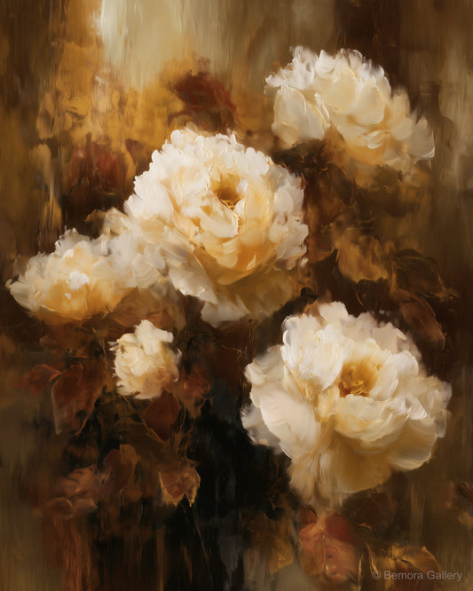 Mocha Petal Veil wall art — final artwork — cream ivory, warm espresso brown, amber, dark near-black ground