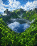 Grand Bassin Sacred Lake wall art — final artwork — aerial crater lake view, vivid tropical green forest, dramatic mountain ridge and misty cloud reflection