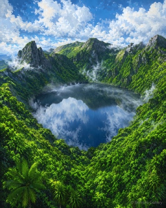 Grand Bassin Sacred Lake wall art — final artwork — aerial crater lake view, vivid tropical green forest, dramatic mountain ridge and misty cloud reflection