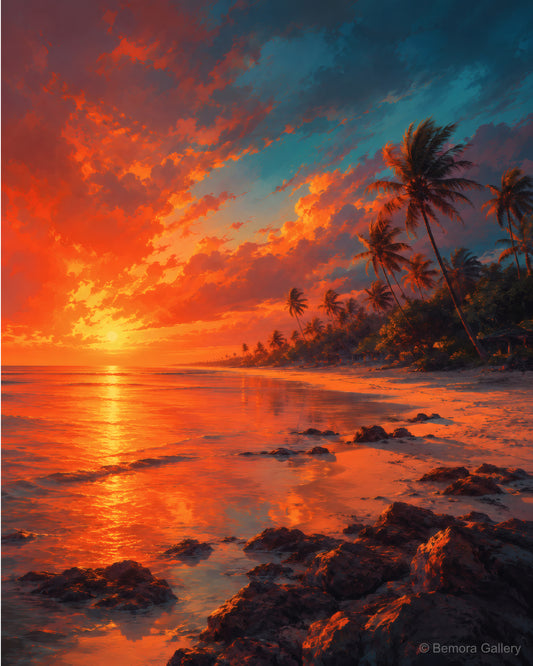 Flic en Flac Dusk Fire — Mauritius coastal art print — west coast at dusk, crimson and amber sky, palm silhouettes, teal ocean