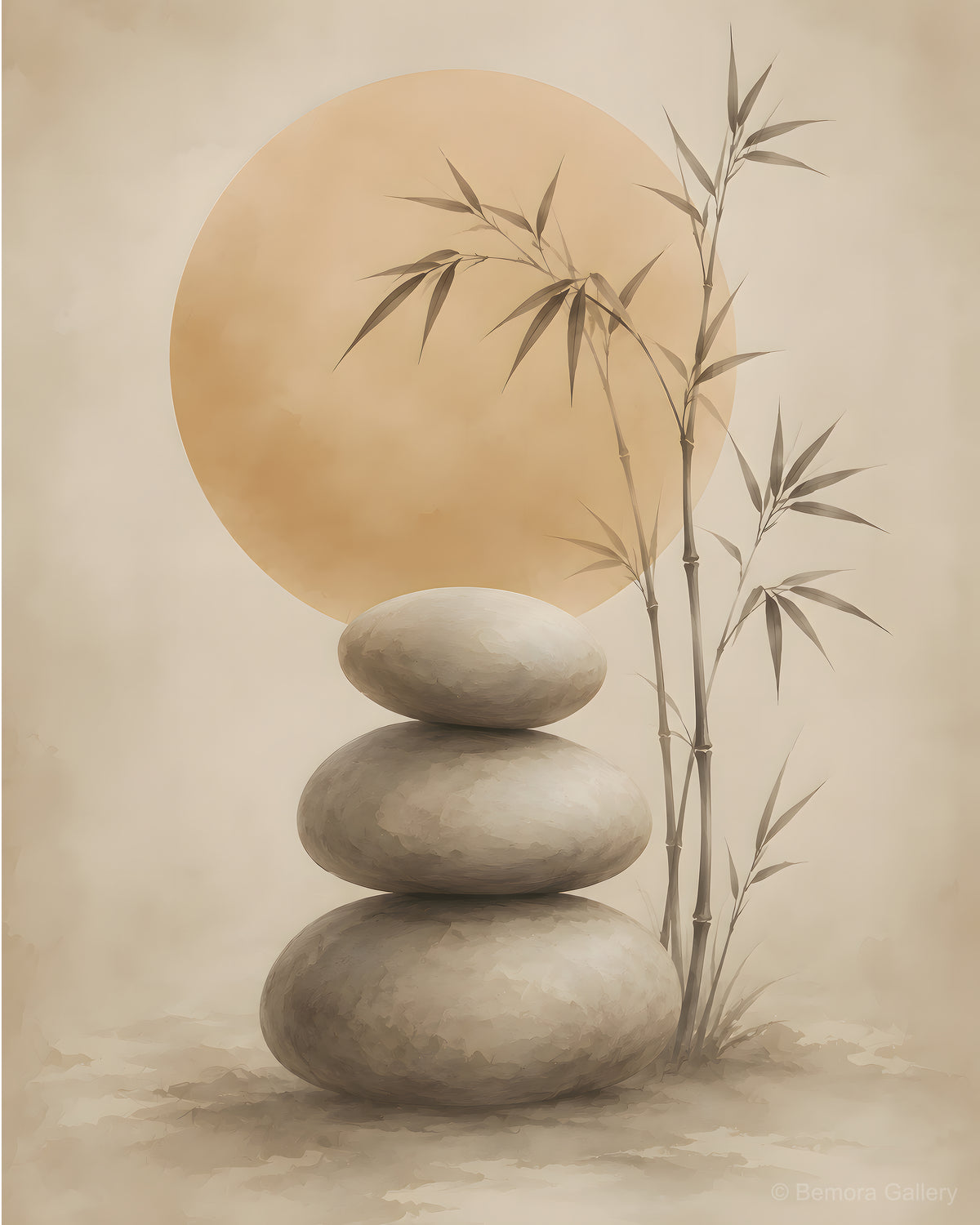 Ivory Stone Balance — Japandi wall art print — stacked stones, bamboo stems, golden sun disc, warm ivory ground