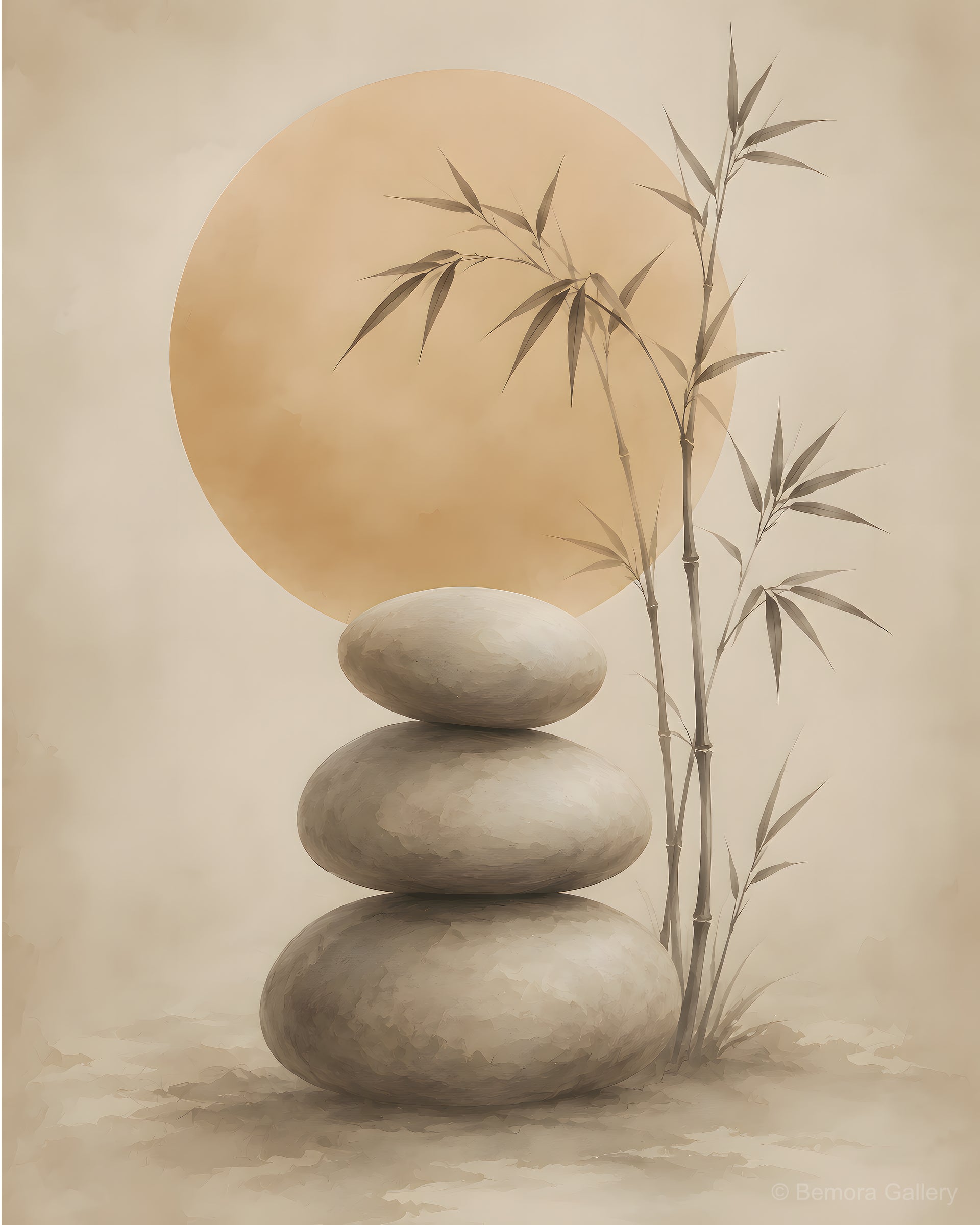 Ivory Stone Balance — Japandi wall art print — stacked stones, bamboo stems, golden sun disc, warm ivory ground