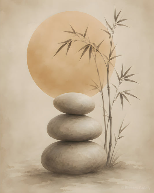 Ivory Stone Balance — Japandi wall art print — stacked stones, bamboo stems, golden sun disc, warm ivory ground