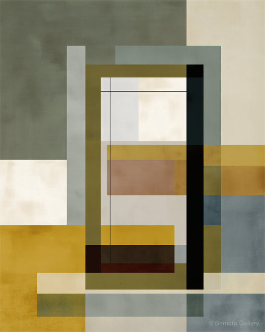 Sage Ochre Window wall art — final artwork — muted sage, cool grey-sage, soft ochre gold, warm ivory, and charcoal black