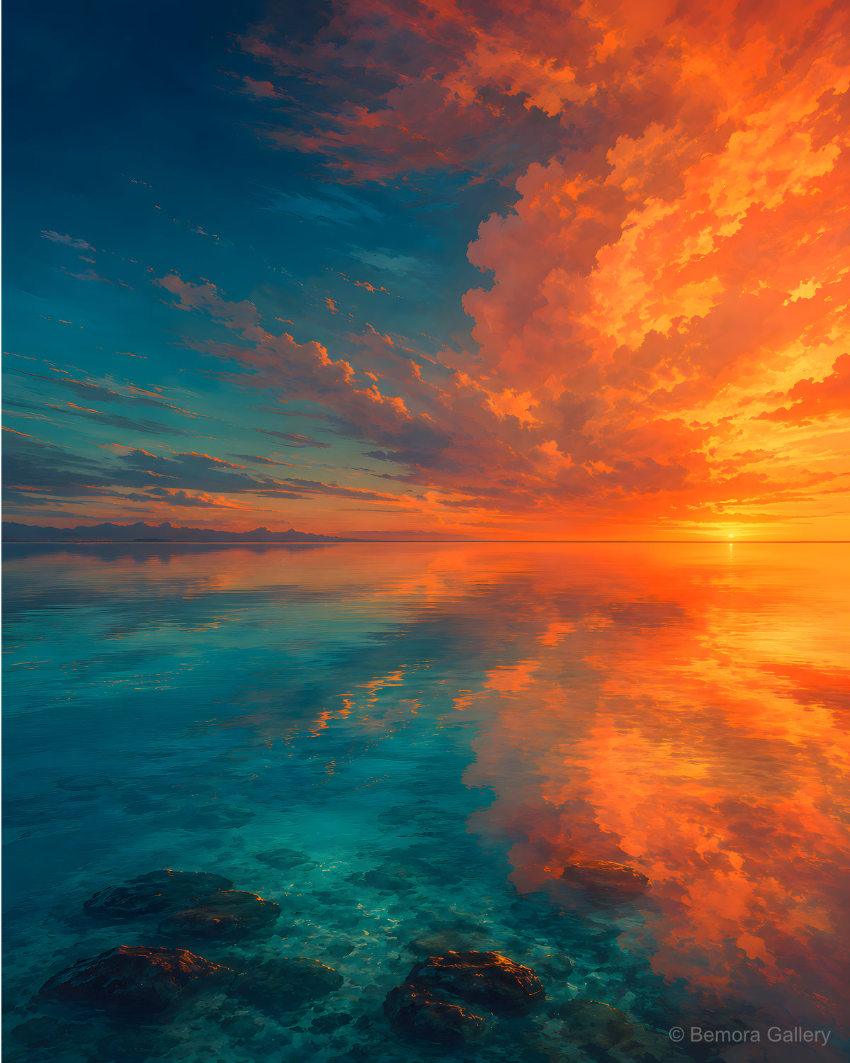 Lagoon Surface Dreaming — Mauritius ocean art print — still lagoon beneath dusk sky, fiery amber clouds, deep teal blue atmosphere