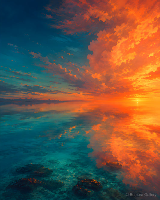 Lagoon Surface Dreaming — Mauritius ocean art print — still lagoon beneath dusk sky, fiery amber clouds, deep teal blue atmosphere