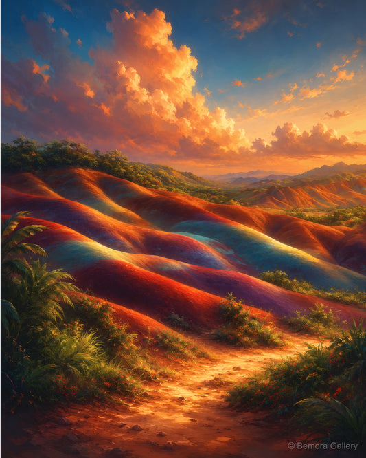 Seven Coloured Earth — Mauritius art print — mineral dune bands in terracotta, rust, amber, ochre, violet and blue-grey, Chamarel
