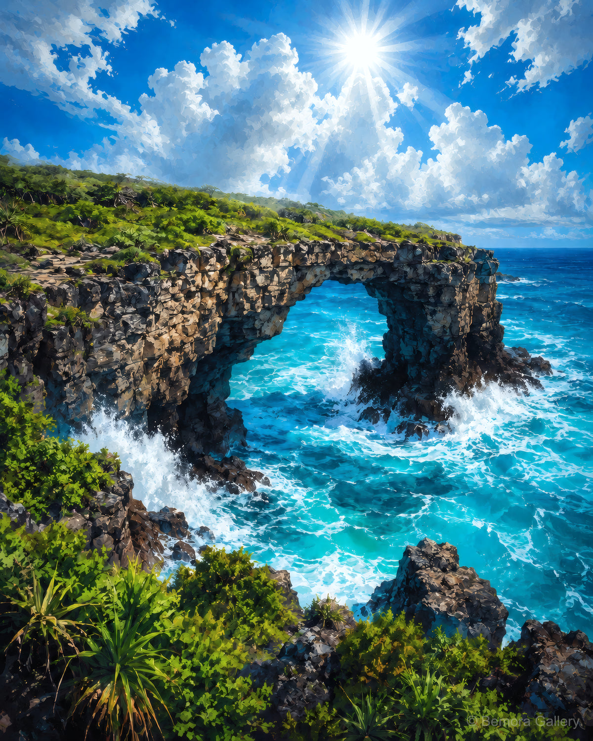 Pont Naturel Arch wall art — final artwork — electric turquoise ocean, coral rock arch, tropical green vegetation and midday sun