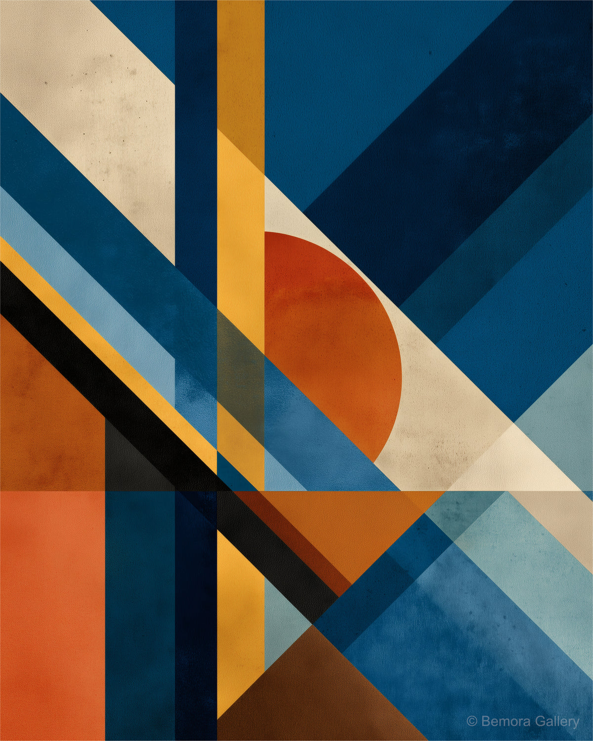 Cobalt Clay Planes wall art — final artwork — deep cobalt blue, burnt clay, muted ochre, warm cream, and charcoal black