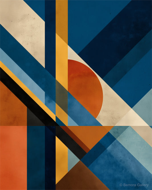 Cobalt Clay Planes wall art — final artwork — deep cobalt blue, burnt clay, muted ochre, warm cream, and charcoal black
