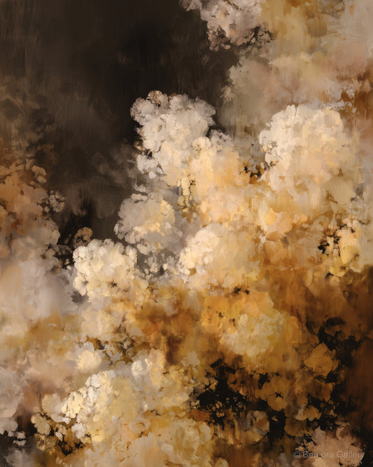 Ivory Ochre Bloom wall art — final artwork — deep charcoal, cream ivory, warm amber ochre