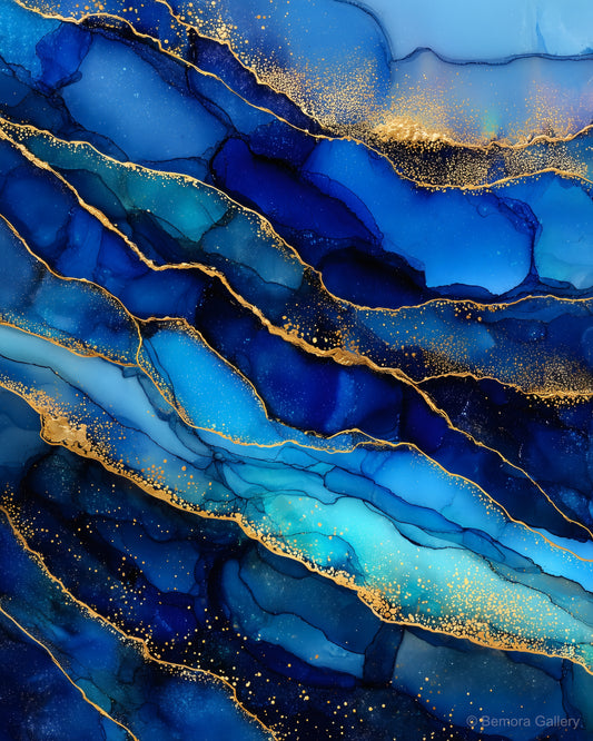Cobalt Gold abstract wall art — deep cobalt blue and sapphire alcohol ink with gold fault line veining