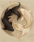 Ivory Koi Balance — Japandi wall art print — two graceful koi in yin-yang composition, soft ivory and amber palette