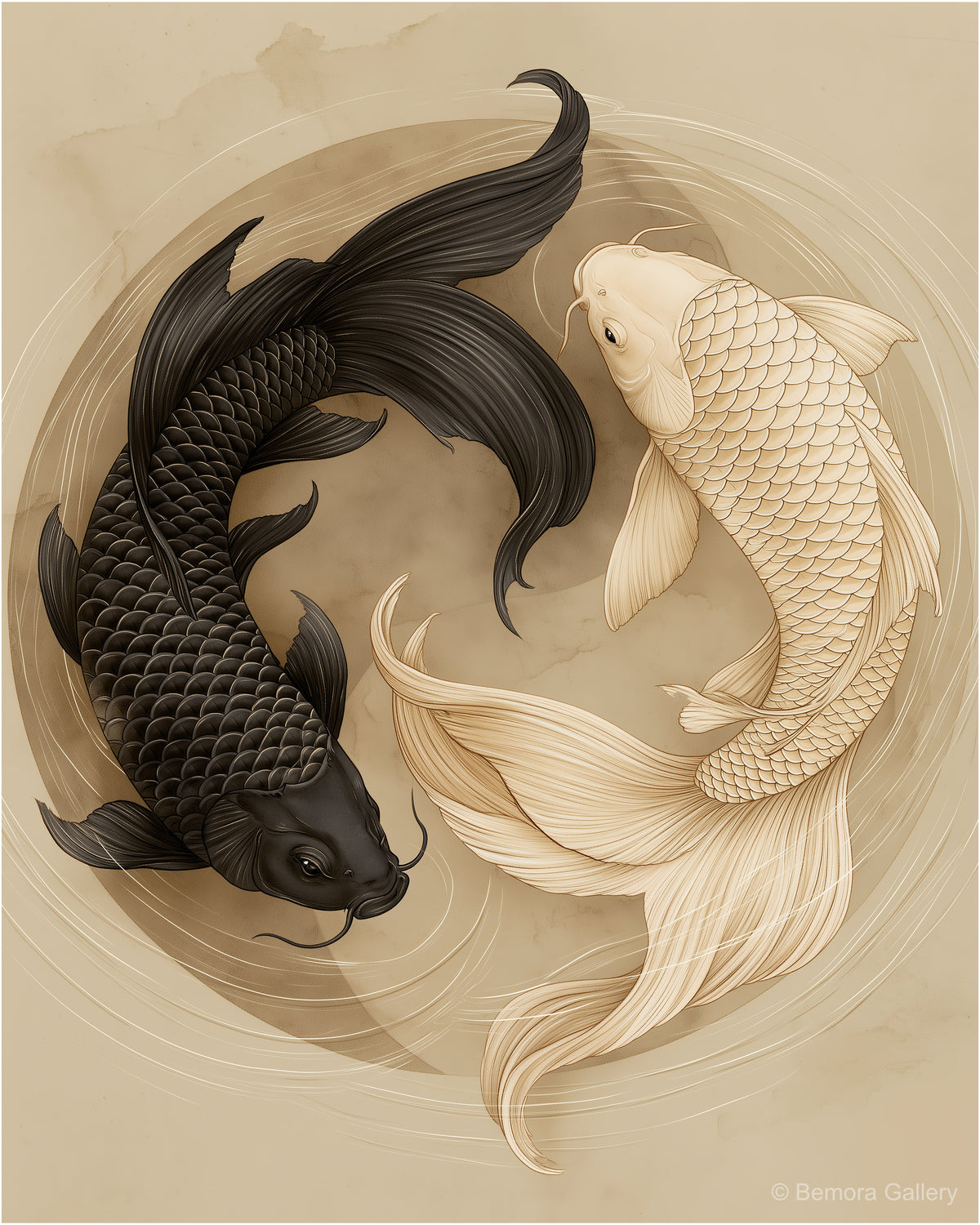 Ivory Koi Balance — Japandi wall art print — two graceful koi in yin-yang composition, soft ivory and amber palette