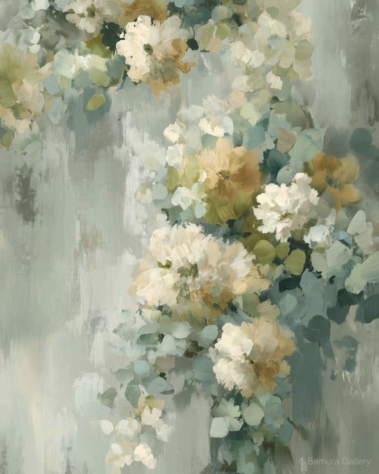 Sage Mist Blossom wall art — final artwork — soft sage green, cream ivory, muted warm amber, pale sage mist ground