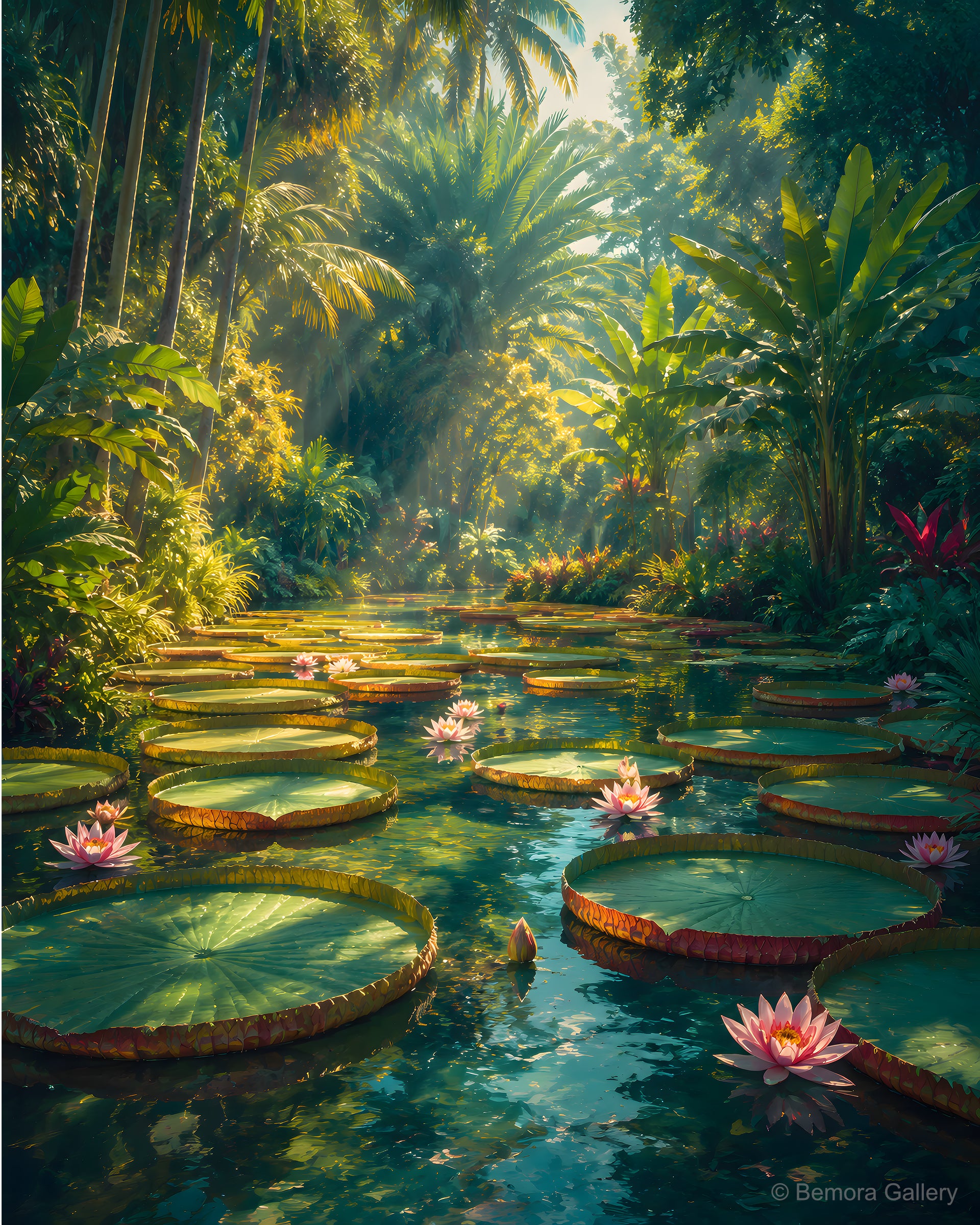 Waterlily Allée — Mauritius garden art print — giant lily pads on still tropical pond, tall palms, soft turquoise sky