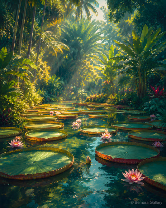 Waterlily Allée — Mauritius garden art print — giant lily pads on still tropical pond, tall palms, soft turquoise sky