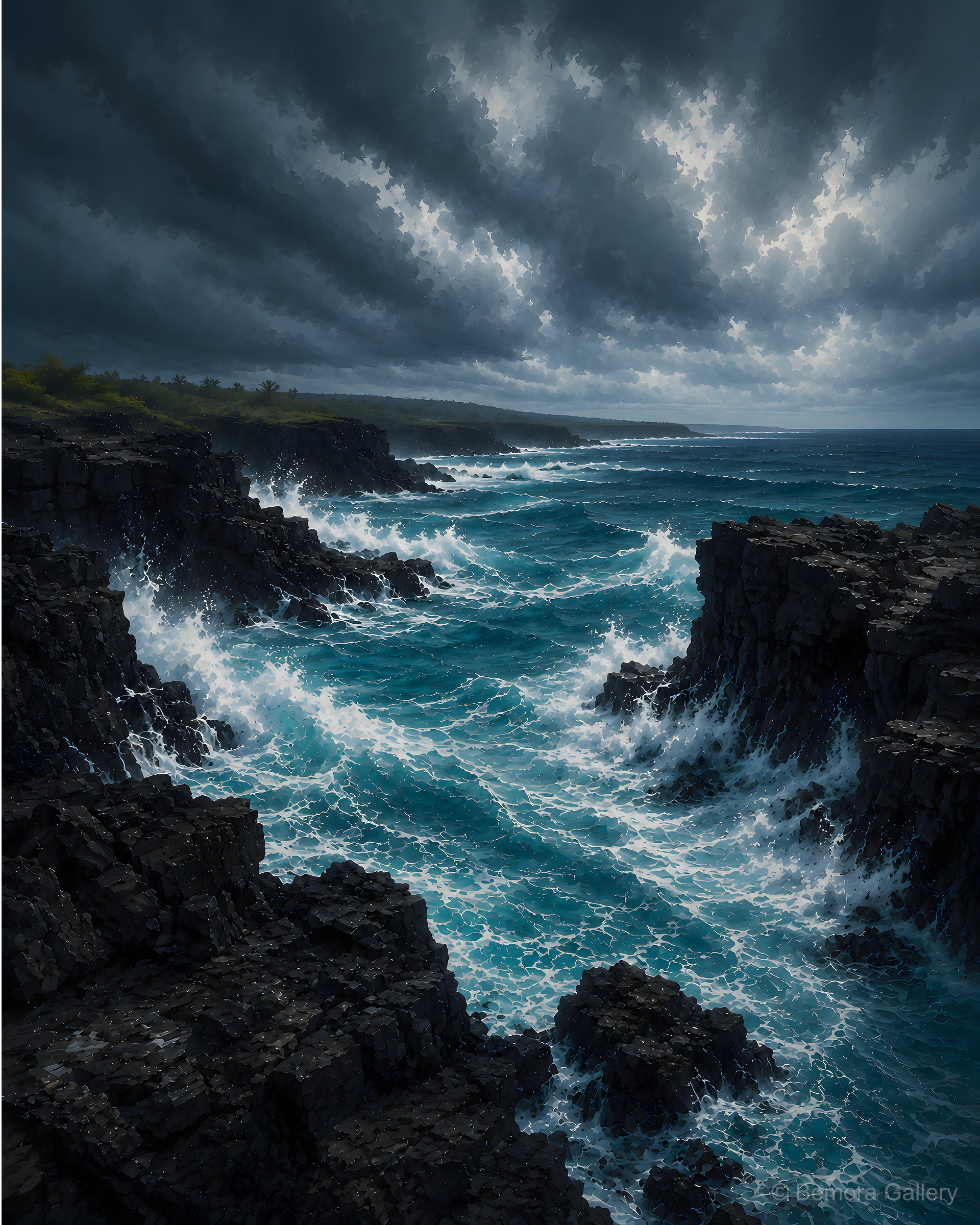 Black Volcanic Coastline — Mauritius ocean art print — dark basalt cliffs, powerful teal ocean, dramatic storm-charged sky