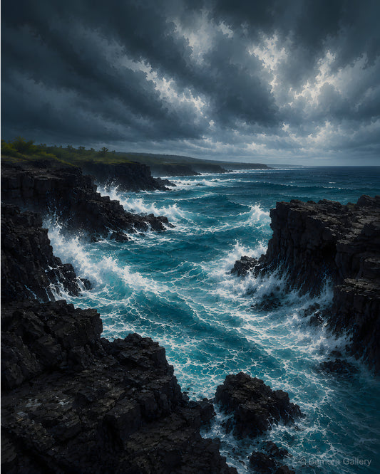 Black Volcanic Coastline — Mauritius ocean art print — dark basalt cliffs, powerful teal ocean, dramatic storm-charged sky