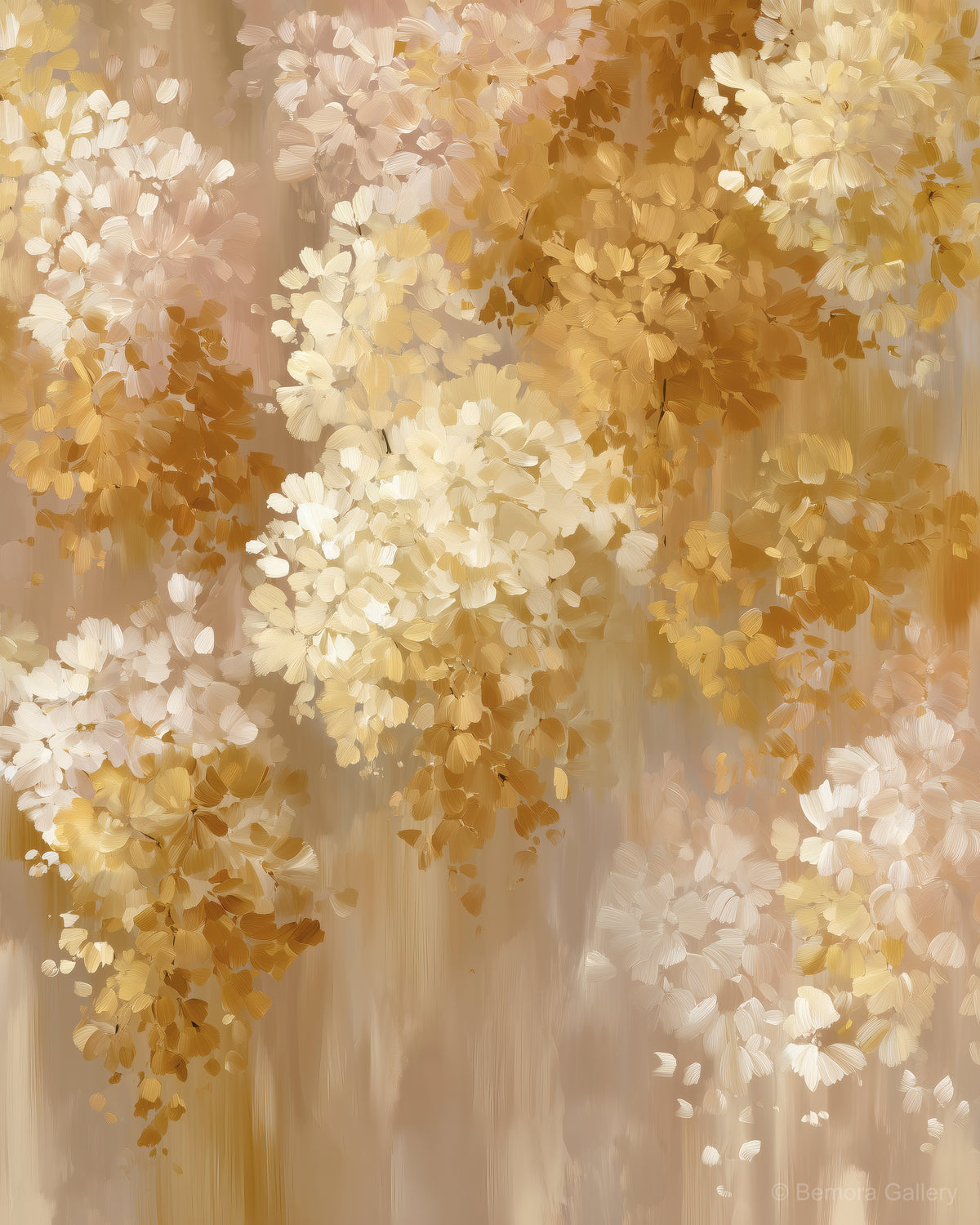 Champagne Petal Drift wall art — final artwork — champagne cream, pale warm gold, golden-amber, soft warm taupe ground