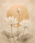 Ivory Lotus Sun — Japandi wall art print — two open lotus blooms, rising bud, golden sun disc, warm ivory parchment