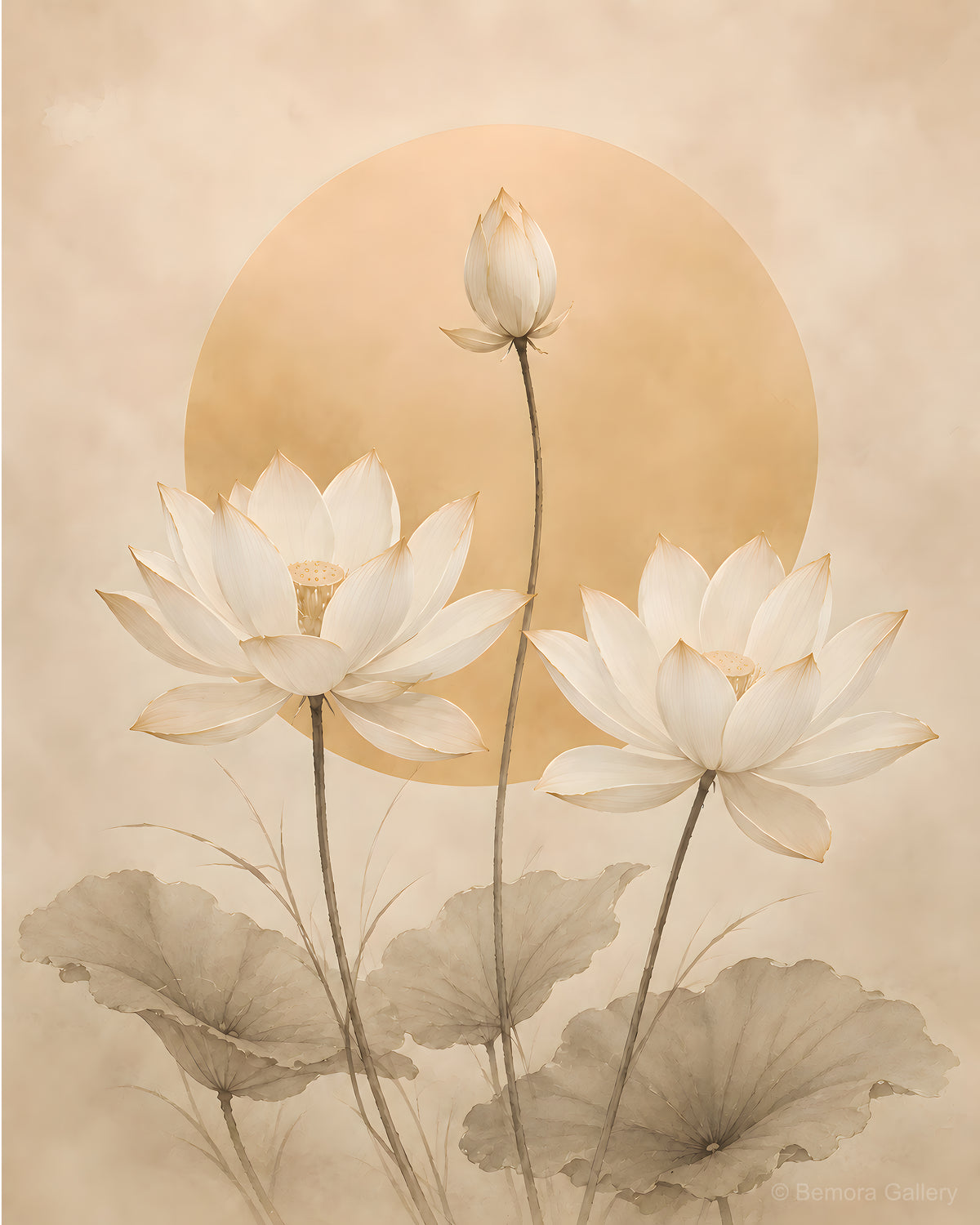 Ivory Lotus Sun — Japandi wall art print — two open lotus blooms, rising bud, golden sun disc, warm ivory parchment