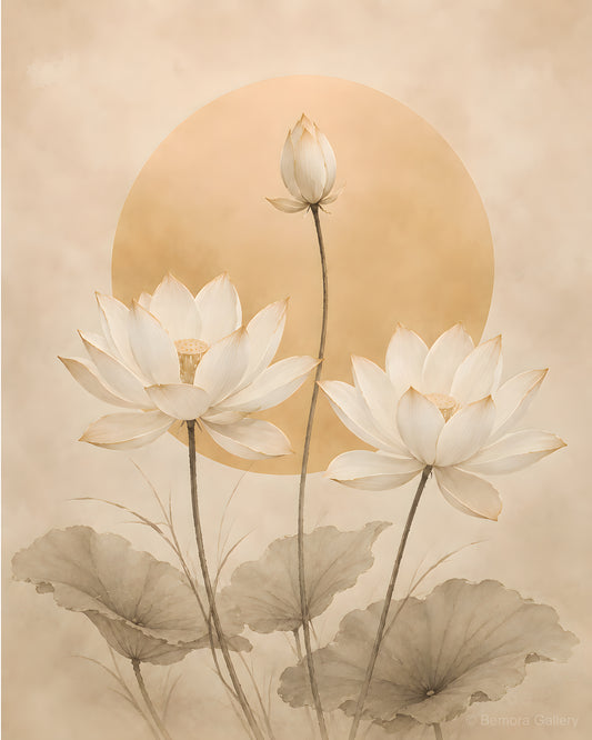 Ivory Lotus Sun — Japandi wall art print — two open lotus blooms, rising bud, golden sun disc, warm ivory parchment