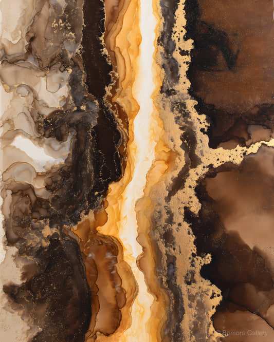 Mocha Gold wall art — final artwork — deep espresso, warm caramel, and vertical antique gold fissure