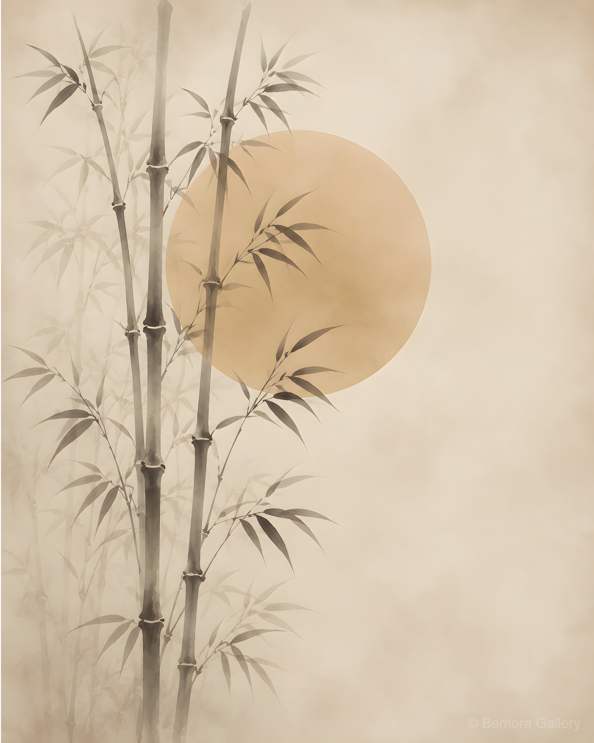Ivory Bamboo Grove — Japandi wall art print — three slender bamboo stalks, golden sun disc, warm ivory parchment ground