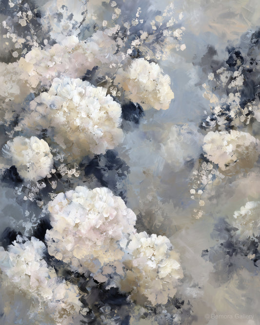 Pearl Grey Bloom wall art — final artwork — pearl white, soft ivory, cool pearl grey, mist beige
