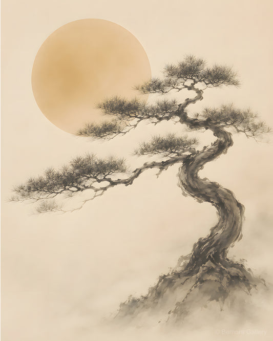 Ivory Black Pine Mist — Japandi wall art print — windswept Japanese black pine on rocky outcrop, soft ink-wash mist