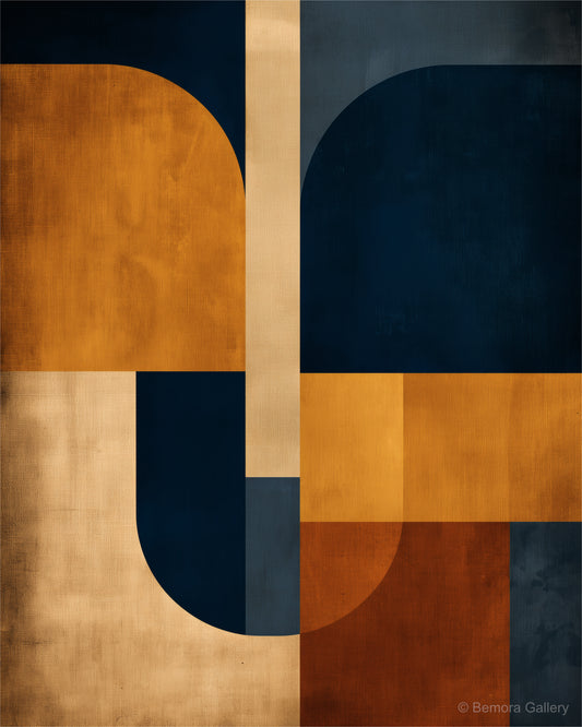Navy Ochre Grid wall art — final artwork — four-quadrant geometric composition in navy, ochre, ivory and burnt sienna