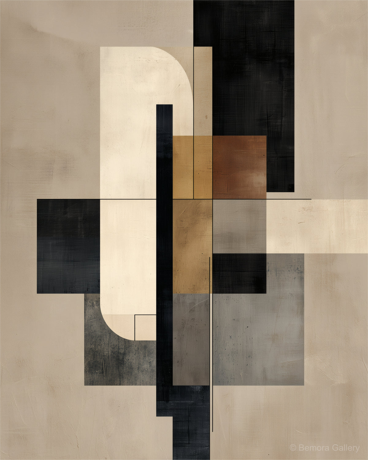 Stone Ochre Axis wall art — final artwork — warm greige, ivory, muted ochre, warm rust, and charcoal black