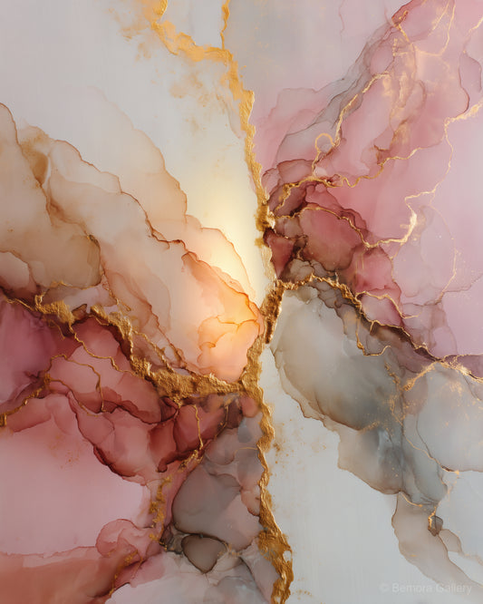 Pearl Gold abstract wall art — warm ivory and blush alcohol ink with luminous rose gold convergence point