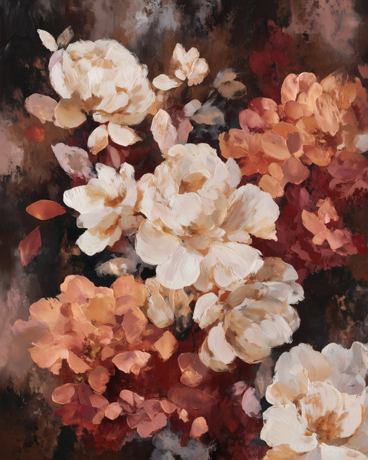 Terracotta Peony Nocturne wall art — final artwork — cream ivory, warm terracotta, muted rose, deep dark umber ground