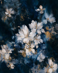 Midnight Ivory Blossom wall art — final artwork — deep midnight navy, pure ivory white, faint warm gold