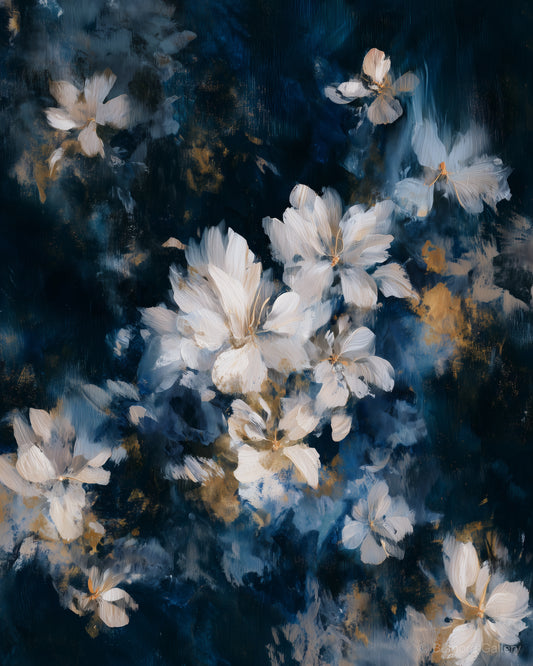 Midnight Ivory Blossom wall art — final artwork — deep midnight navy, pure ivory white, faint warm gold
